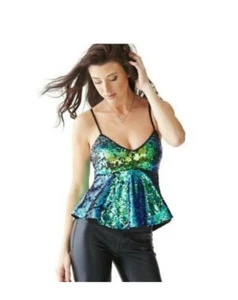 Woman’s Guess Green Blue Yellow Sequence Shifting Peplum Top NWT PARTY CLUB Med. - Picture 1 of 12