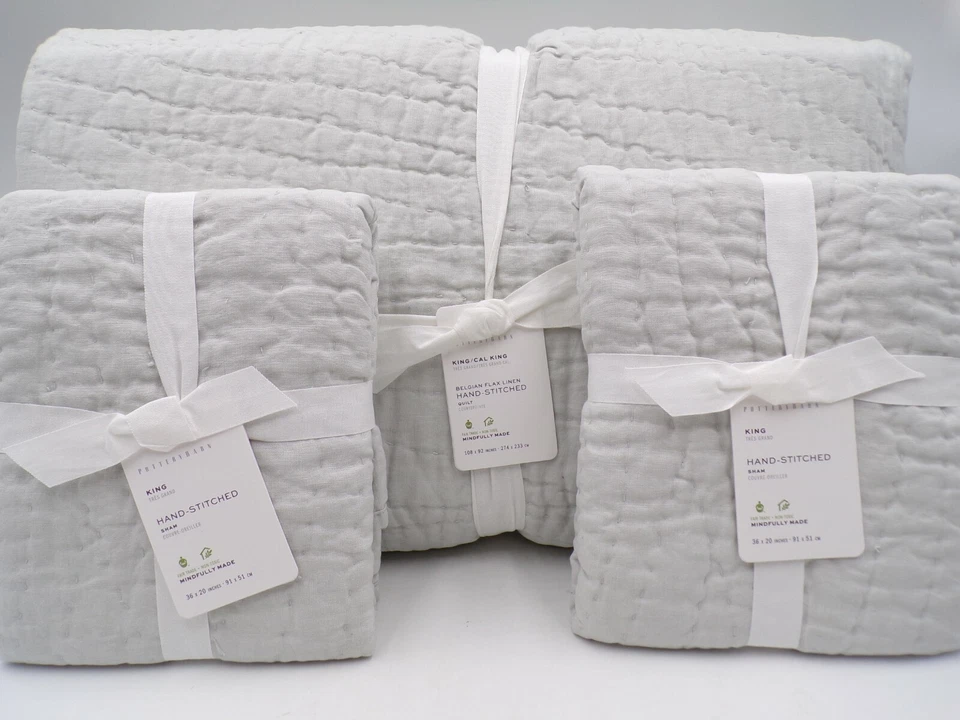 Pottery Barn Belgian Flax Linen Handcrafted King Quilt 2 Shams Soft Gray #9790e