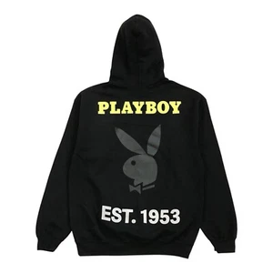 PLAYBOY HOODIE SMALL S MENS BLACK SWEATSHIRT PULLOVER BUNNY LOGO HEFNER VINTAGE - Picture 1 of 3
