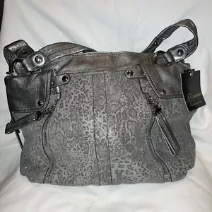 B. Makowsky Silver & Gray Snakeskin Leather Shoulder Bag Magnetic Zip Closure - Picture 1 of 8