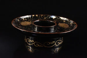 F2242: Japanese Old Wooden Lacquer ware Flower gold TEABOWL STAND/tray Powdered - Picture 1 of 7