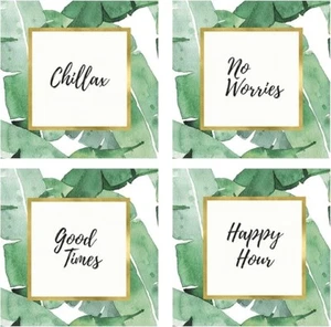 Heartfelt Collection Glass Coasters Set Banana Leaves with Phrases 4 x 4 - Picture 1 of 7