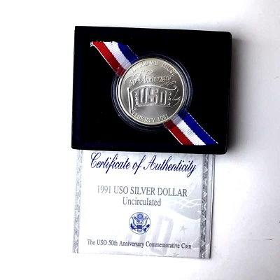 1991 D BU USO Silver Dollar Commemorative Coin w/ Box & COA UNCIRCULATED US Coin - Image 1 of 4