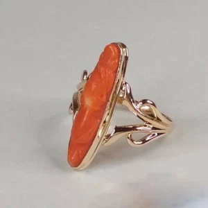 Antique 10k Yellow Gold & Natural Carved Coral Ring Jewelry 2.34 gr PERFECT - Picture 1 of 6