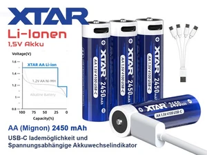 4x XTAR AA 1,5V Li-Ionen Akku 2450mAh – USB-C Kon. Spannung & Akkuwechselanzeige - Bild 1 von 1