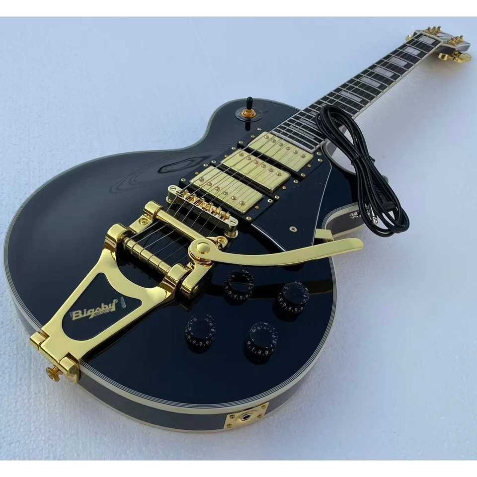 Guitarra Eléctrica 6 Cuerdas Tuerca de Hueso Brillante Negro Acabado Dorado Bigsby Trémolo Foto 1 de 4