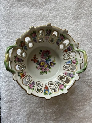 Dresden Reticulated Porcelain Bowl – Applied Flowers – Hand Painted – Gold Gilt - Image 1 of 4