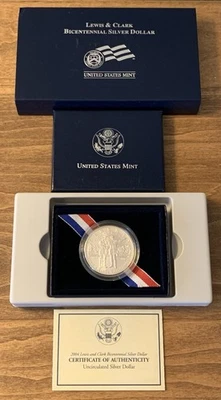 2004 Lewis & Clark Bicentennial 90% Uncirculated Silver Dollar US Mint Box & COA - Image 1 of 4