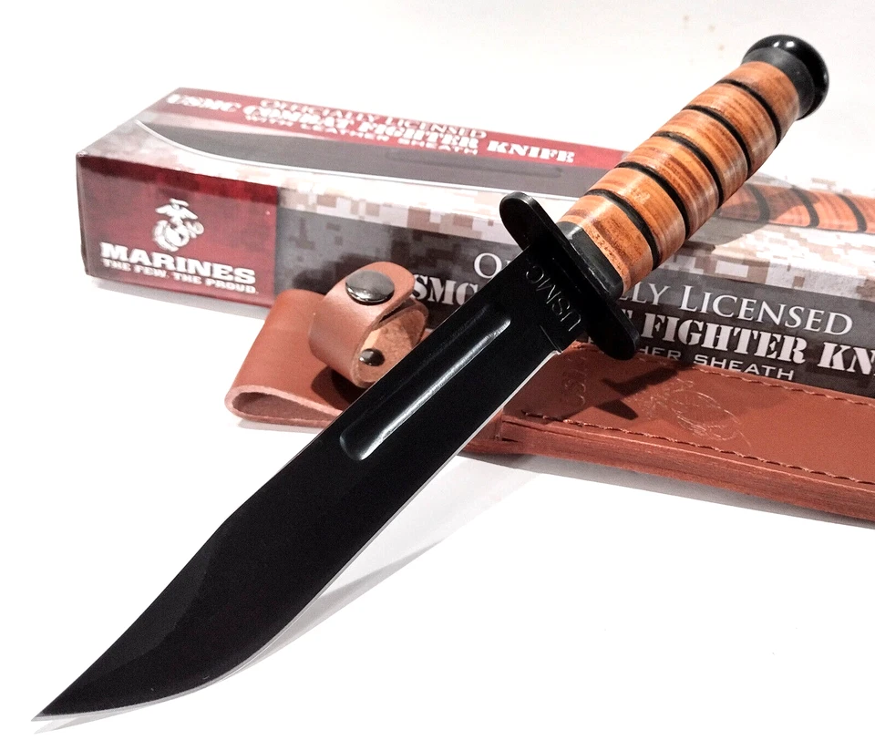 United Cutlery #uc3092 USMC Combat Fighting Knife With Brown Leather Sheath
