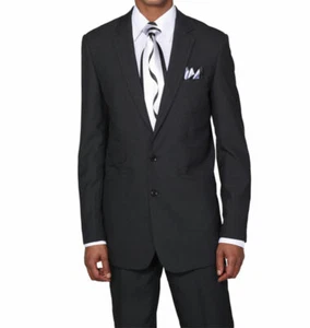 Men's Two Button Slim Fit Wool Feel Suit 5702K Solid Black & Gray - Picture 1 of 5