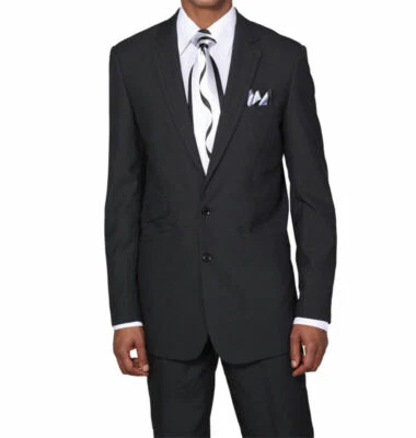 Men's Two Button Slim Fit Wool Feel Suit 5702K Solid Black & Gray - Image 1 of 3