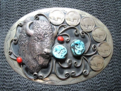 ENORME FIVELA DE CINTO TURQUESA DE NÍQUEL BÚFALO NATIVO OCIDENTAL! VINTAGE! RARO FEITO À MÃO - Imagem 1 de 4