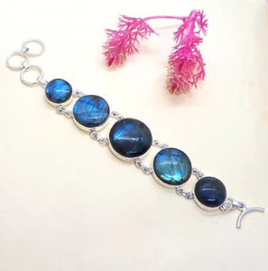Fire Blue Labradorite Gemstone 925 Sterling Silver Handmade Bracelet SZ- 9" - Picture 1 of 4
