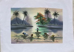 Oil On Silk Oriental Painting Signed Unframed 12.5 X 8.5”Portrait Landscape - Picture 1 of 6