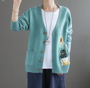 Women Knitted Button Down Front Cotton Cardigan Long Sleeve Top Pocket Sweater - Picture 1 of 2