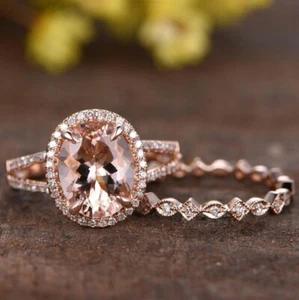 Gift For Her 14k Gold Morganite Diamond Engagement Set Band Engagement Ring - Picture 1 of 6