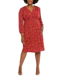 London Times Plus Size Floral Smocked-Waist 3/4-Sleeve Dress Women's 3X Wine - Picture 1 of 16