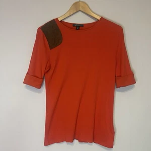 Ralph Lauren Large Vermillion Red Cotton Ribbed Patch Faux Suede Shoulder Top - Picture 1 of 9