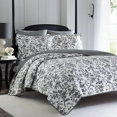  Laura Ashley Black Floral Cotton Reversible Quilt,Bedspread Set /TWIN - Image 1 of 4