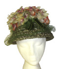 Vintage 1960S Woman's Ladies Church Lady Hat, Greee  Floral  Union Label   (B6).