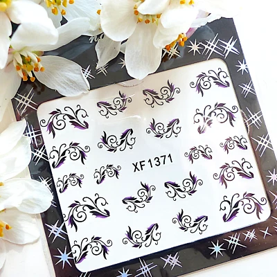 BLE Nail Art Stickers Purple Black Swirls Filigree Water Transfer Decal Sticker 1371