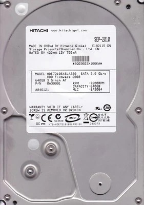 HDE721064SLA330  mlc: BA3064  p/n : 0A39991 Hitachi  640Gb  SATA  B3-8 - Image 1 of 3