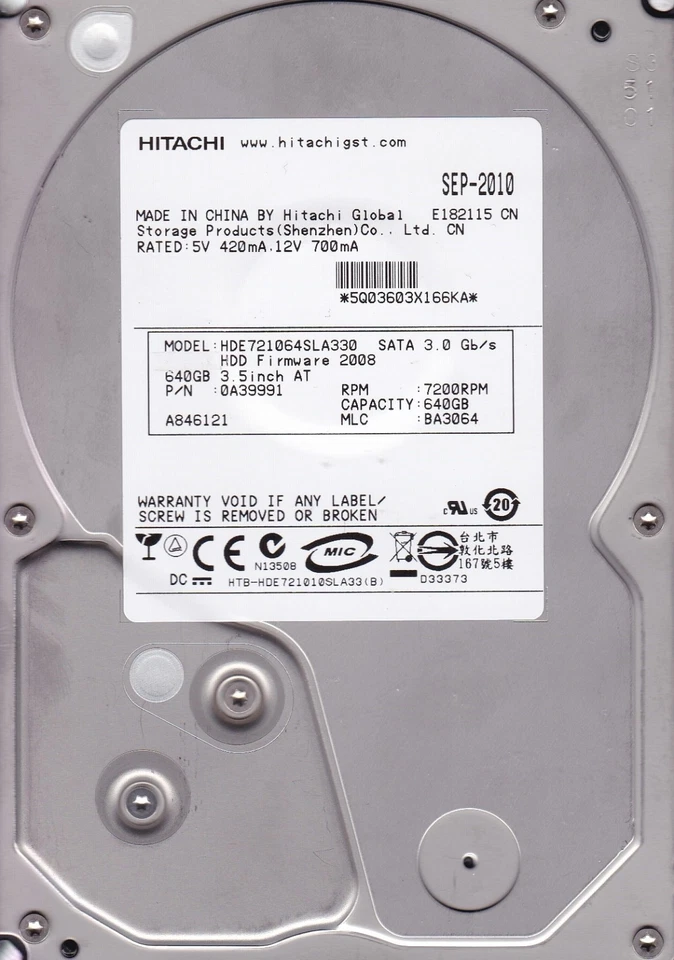 HDE721064SLA330  mlc: BA3064  p/n : 0A39991 Hitachi  640Gb  SATA  B3-8 - Image 1 of 3