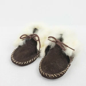 Vintage Suede Leather Kids  Moccasins OGLALA SIOUX Laced Handmade Rabbit Fur - Picture 1 of 7