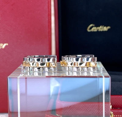 Gemelos Cartier vintage con motivo de cadena de acero y oro Panthere con estuche Foto 1 de 4