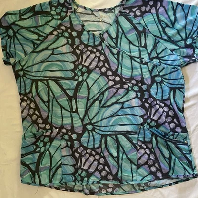 Easy Stretch Ladies Scrub Top 2x Butterfly Wings - Image 1 of 4
