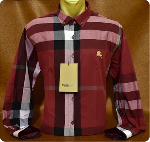 Men Burberry Casual Button Down Cherry Red Size L Pit to Pit 23.75" - Imagen 1 de 4