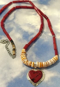 NAVAJO Otis Douglas Sterling Silver Coral HEART 925 Pendant Heishi Necklace 23” - Picture 1 of 4