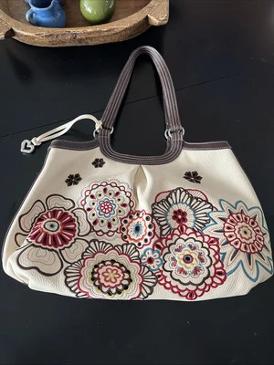 RARO Bolso de Mano Brighton Bordado Doble Diseño Floral Blanco Boho Colorido Foto 1 de 4