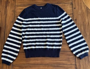 Margaret O'leary Balloon sleeve Cotton Knit Sweater Crew Navy /White Stripe $245 - Picture 1 of 12