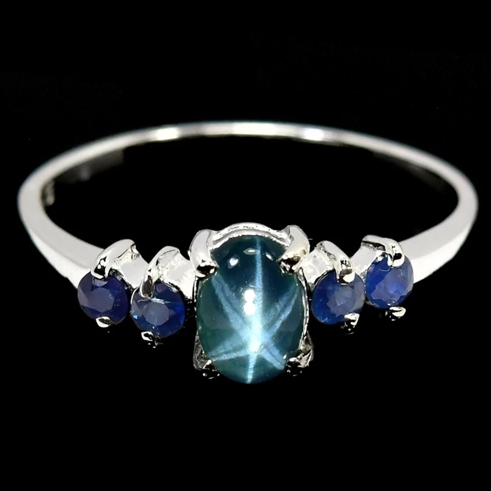 GENUINE AAA 6 RAYS STAR BLUE SAPPHIRE OVAL & ROUND STERLING 925 SILVER RING 6.25 - Image 1 of 4