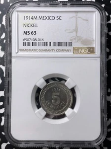 1914-M Mexico 5 Centavos NGC MS63 Lot#G9046 Choice UNC! - Picture 1 of 3