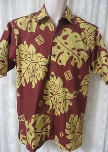 GO BAREFOOT SHIRT SMALL Blues Button Front BURGUNDY GOLD HAWAIIAN PRINT NEW - Picture 1 of 4