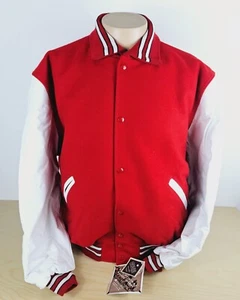 Chaqueta Varsity Letterman XL Larga Roja Lana y Cuero Blanco Genuino Mangas Nueva - Imagen 1 de 11