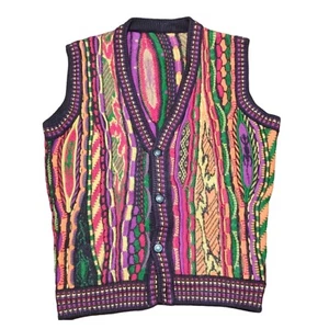 Vintage Coogi Style Cardigan Sweater Multicolor 3D Knit V-Neck Cosby Biggie - Picture 1 of 5