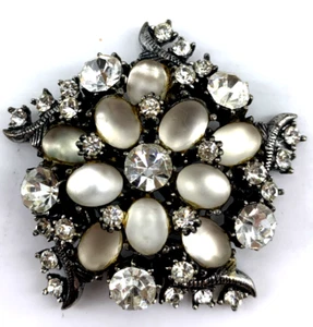 Spilla Firenze pietre vetro satinato trasparente motivo stella tono argento 1,75" vintage - Foto 1 di 7