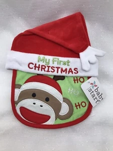 My First Christmas Baby Sock Monkey Bib and Hat Embroidered Baby Starters NEW - Picture 1 of 6