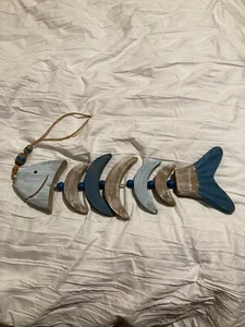 Hand-made Wooden Fish Nautical Ornament Hanging Wall Home Decor Blue & Beige - Picture 1 of 7