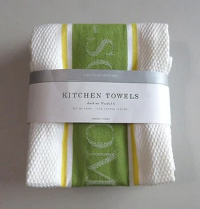 4 Williams Sonoma Kitchen Towels Classic Logo Green Stripe Waffle Cotton NEW - Picture 1 of 7