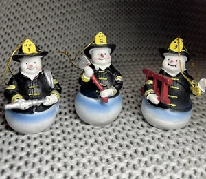 Set Of 3 Snowman ⛄️Firefighter Ornaments Holding Tools Adorable! - Picture 1 of 6