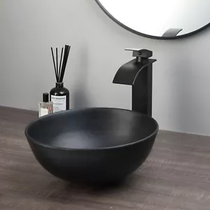 US Black Bathroom Vessel Sink Round Basin Bowl Mixer Deck Mount Pop Up Drain Tap - Picture 1 of 8