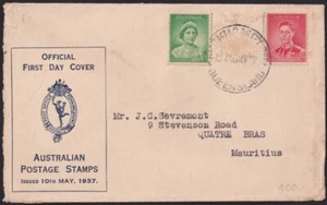 F-EX39494 AUSTRALIA 1937 FDC CORONATION DAY COVER TO MAURITIUS. - Picture 1 of 2
