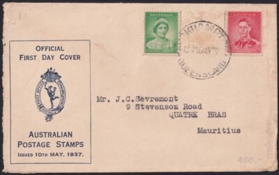 F-EX39494 AUSTRALIA 1937 FDC CORONATION DAY COVER TO MAURITIUS. - Image 1 of 2
