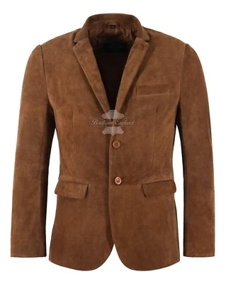 Men's Leather Blazer Tan Suede Classic Italian Tailored Soft Real Leather Coat - Image 1 of 4