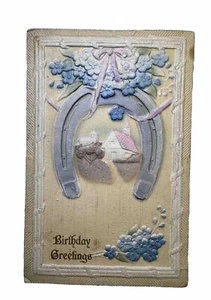 Antike Postkarte 1915 Geburtstagsgrüße verschickt Hufeisen Kirche Blumen Deutschland - Bild 1 von 10