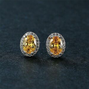 3Ct Oval Cut Lab Created Yellow Citrine Halo Stud Earrings 14K White Gold Plated